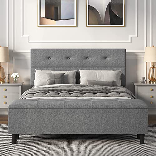 Allewie Queen Bed Frame with 120L Ottoman Storage, Upholstered Platform Bed Frame with Mattress Foundation, Wood Slat Support, No Box Spring Needed, Grey