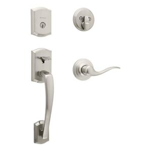 kwikset 98180-021 prescott single cylinder front door handleset with tustin lever featuring smartkey security and microban antimicrobial protection in satin nickel
