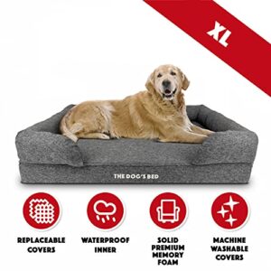 The Dog’s Bed Orthopedic Dog Bed XL Grey Poly-Linen 43.5x34, Memory Foam, Pain Relief: Arthritis, Hip & Elbow Dysplasia, Post Surgery, Lameness, Supportive, Calming, Waterproof Washable Cover