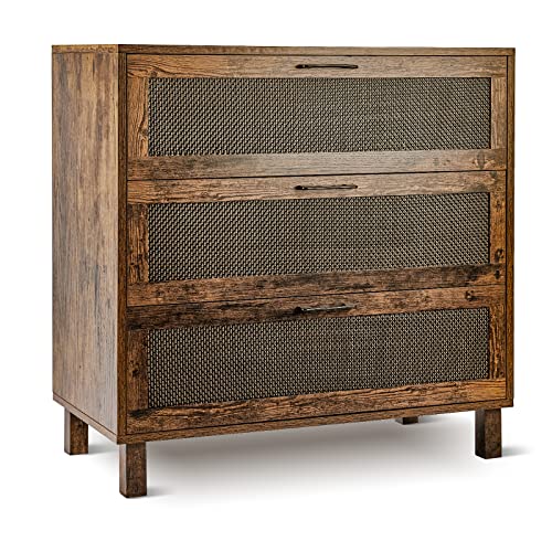 Graficial 3 Drawer Dresser, Dresser for Bedroom, Rattan Chest of Drawers, Rustic Brown Bedside Table Dressers