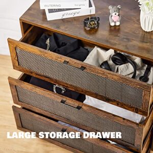 Graficial 3 Drawer Dresser, Dresser for Bedroom, Rattan Chest of Drawers, Rustic Brown Bedside Table Dressers