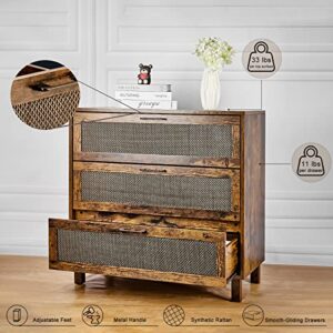 Graficial 3 Drawer Dresser, Dresser for Bedroom, Rattan Chest of Drawers, Rustic Brown Bedside Table Dressers