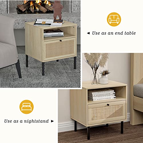 Natural Rattan Nightstand, End Table, Bedside Table, Modern Side Table with 1 Hand Made Decorated Door for Living Room, Bedroom
