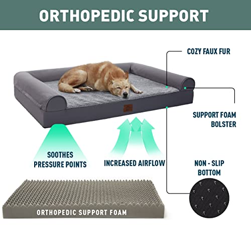 Eterish Large Orthopedic Dog Bed for Medium, Large Dogs up to 75 lbs, 3 inches Thick Egg-Crate Foam Bolster Dog Sofa Couch with Removable Cover, Pet Bed Machine Washable, Grey