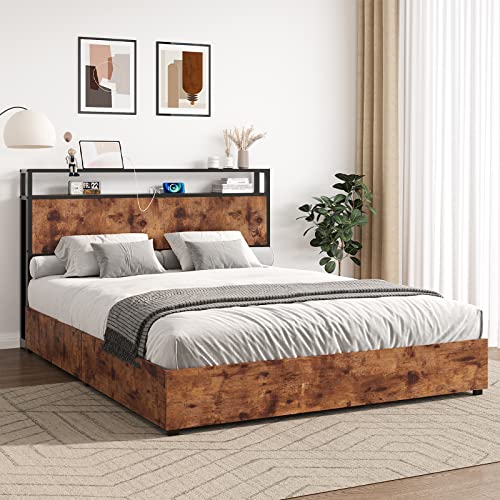 AMERLIFE Queen Size Storage Bed Frame, Wooden Platform Bed with Charging Station, 4 Drawers & Headboard/ No Box Spring Needed/ Noise-Free/ Dark Brown