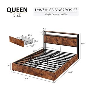 AMERLIFE Queen Size Storage Bed Frame, Wooden Platform Bed with Charging Station, 4 Drawers & Headboard/ No Box Spring Needed/ Noise-Free/ Dark Brown