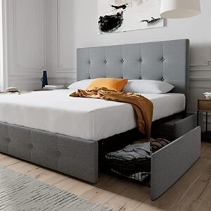 allewie queen upholstered platform storage bed frame with 4 drawers & adjustable headboard, square stitched button tufted design, mattress foundation, light grey