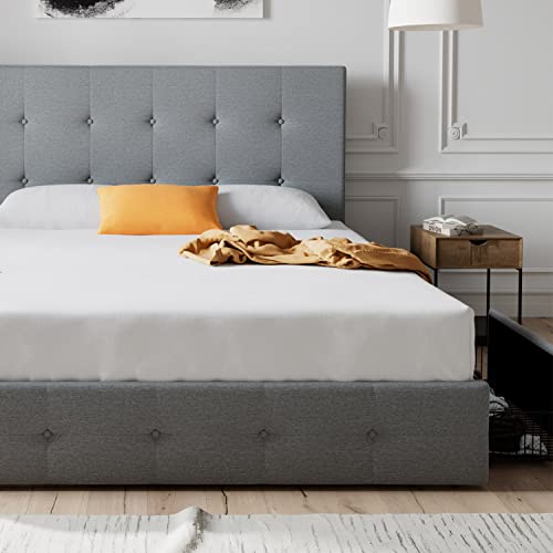 Allewie Queen Upholstered Platform Storage Bed Frame with 4 Drawers & Adjustable Headboard, Square Stitched Button Tufted Design, Mattress Foundation, Light Grey