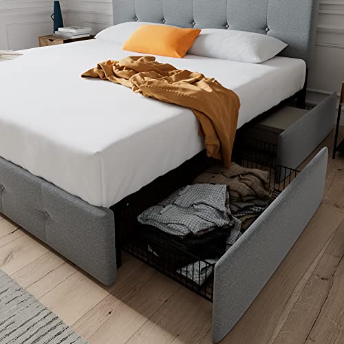 Allewie Queen Upholstered Platform Storage Bed Frame with 4 Drawers & Adjustable Headboard, Square Stitched Button Tufted Design, Mattress Foundation, Light Grey