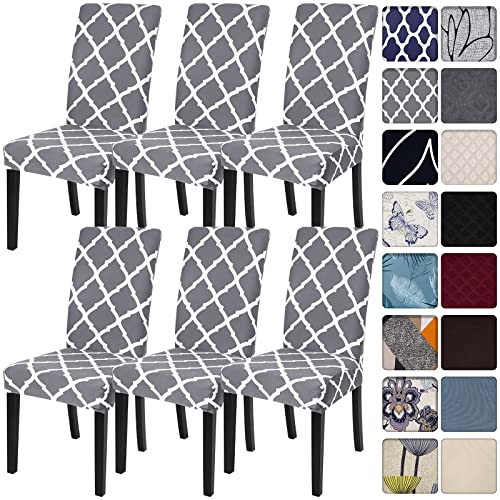 SearchI Dining Room Chair Covers Set of 6, Stretch Spandex Kitchen Chair Slipcovers Removable Washable Geometric Parsons Chair Covers Protector for Dining Room, Hotel, Ceremony (Gray+White)