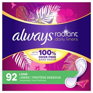 always radiant daily pantiliners panty liners for women, long absorbency, up to 100% odor-free, 92 count