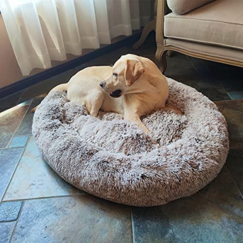 Coohom Oval Calming Donut Cuddler Dog Bed,Shag Faux Fur Cat Bed Washable Round Pillow Pet Bed(30"/36"/43") for Small Medium Dogs (XL(36"x27"x7"),Light Brown)