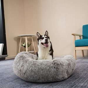 Coohom Oval Calming Donut Cuddler Dog Bed,Shag Faux Fur Cat Bed Washable Round Pillow Pet Bed(30"/36"/43") for Small Medium Dogs (XL(36"x27"x7"),Light Brown)