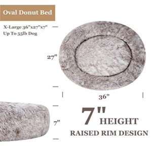 Coohom Oval Calming Donut Cuddler Dog Bed,Shag Faux Fur Cat Bed Washable Round Pillow Pet Bed(30"/36"/43") for Small Medium Dogs (XL(36"x27"x7"),Light Brown)