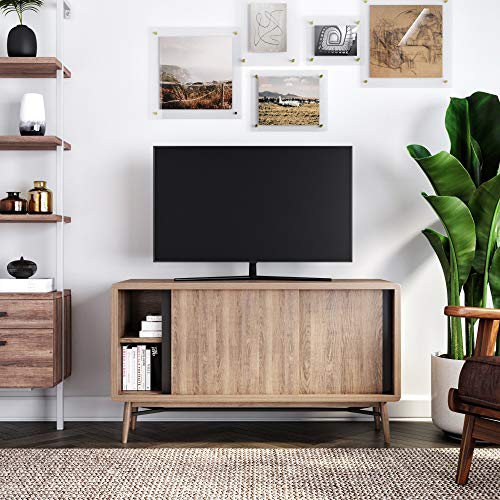 Nathan James Liam Modern Mid-Century TV Stand, Media Console or Entertainment Cabinet with Sliding Doors, Oak