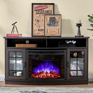 amerlife curved fireplace tv stand with 26″ curved electric fireplace, media entertainment center farmhouse glass door storage cabinet, open shelve console table for tvs up to 65″, espresso