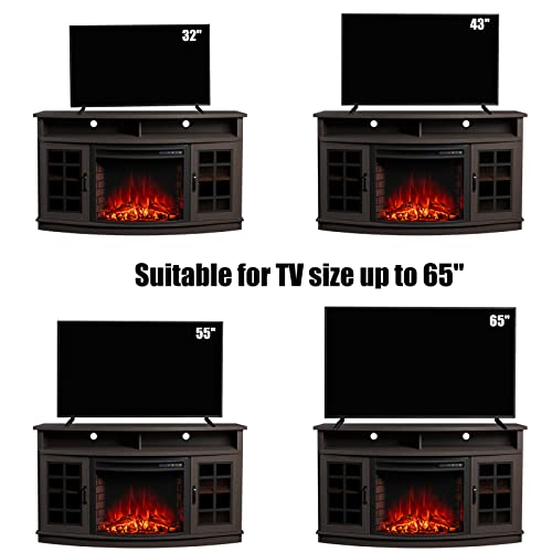 AMERLIFE Curved Fireplace TV Stand with 26" Curved Electric Fireplace, Media Entertainment Center Farmhouse Glass Door Storage Cabinet, Open Shelve Console Table for TVs up to 65", Espresso