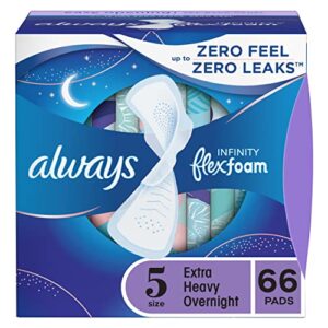 always infinity feminine pads for women, size 5 extra heavy overnight absorbency, multipack, with flexfoam, with wings, unscented, 22 count x 3 packs (66 count total)