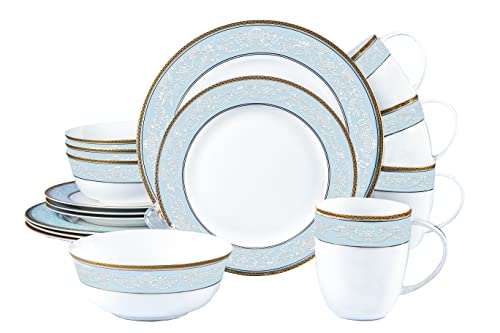 Fine Bone China Dinnerware Set,WPSLNWO 16 Pcs Classic Relief Pattern Gilt Edged High Grade Porcelain Tableware Sets For 4 People with Gift Box Packaging