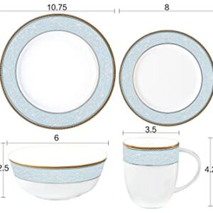 Fine Bone China Dinnerware Set,WPSLNWO 16 Pcs Classic Relief Pattern Gilt Edged High Grade Porcelain Tableware Sets For 4 People with Gift Box Packaging