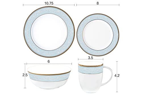 Fine Bone China Dinnerware Set,WPSLNWO 16 Pcs Classic Relief Pattern Gilt Edged High Grade Porcelain Tableware Sets For 4 People with Gift Box Packaging