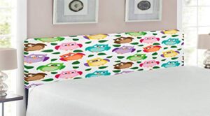 lunarable owls headboard, owl pattern with leaves sleepy confused closed crossed eyes funny humor comic, upholstered decorative metal bed headboard with memory foam, king size, multicolor
