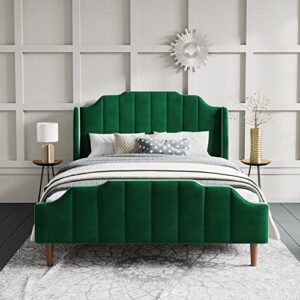 sha cerlin wood queen size bed frame with modern curved upholstered wingback headboard / heavy duty platform bed with strong wood slat support / green