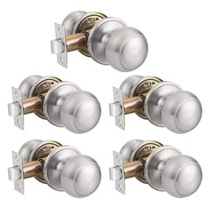 probrico brushed nickel passage door knobs round handles for hall or closet knobs keyless hardware, 5 pack