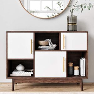 nathan james ellipse multipurpose storage cabinet with display shelves and doors, entryway modern buffet or kitchen sideboard with glam gold brass accent, tv stand, walnut brown
