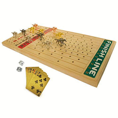 FINENI Horse Racing Board Game with Luxurious Durable Metal Horses, 11 Pieces , 1 Design & 4 Colors (3 Gold, 3 Silver, 3 Black and 2 Bronze), Real Birch Wood Horseracing Game Board, Golden Card & Dice