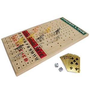 FINENI Horse Racing Board Game with Luxurious Durable Metal Horses, 11 Pieces , 1 Design & 4 Colors (3 Gold, 3 Silver, 3 Black and 2 Bronze), Real Birch Wood Horseracing Game Board, Golden Card & Dice