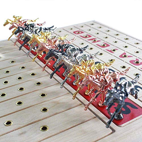 FINENI Horse Racing Board Game with Luxurious Durable Metal Horses, 11 Pieces , 1 Design & 4 Colors (3 Gold, 3 Silver, 3 Black and 2 Bronze), Real Birch Wood Horseracing Game Board, Golden Card & Dice