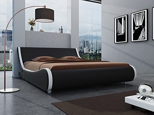 SHA CERLIN Modern Low Profile Platform Bed Frame Queen Size, Stylish Faux Leather Upholstered Sleigh Bed with Adjustable Headboard, No Box Spring Needed, Black&White