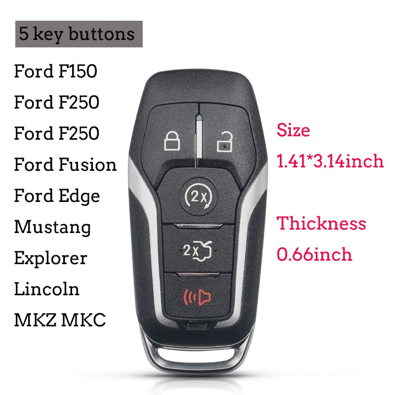 Key Fob Cover Shell Fit for Ford F150 F250 F350 Mustange Fusion Explorer Edge Replacement for 5 Button Smart Key for Proximity Remote