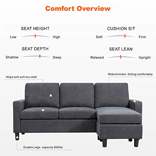 Walsunny Convertible Sectional Sofa, L-Shaped Couch with Chaise, Modern Small Sectional Couches for Small Spaces, Living Room(Grey)