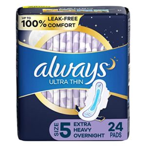 always ultra thin feminine pads for women, size 5 extra heavy overnight absorbency, with wings, unscented, 24 count