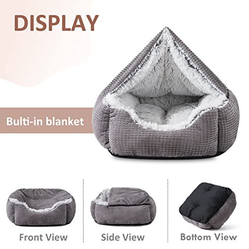 MIXJOY Dog Beds for Large Medium Small Dogs, Rectangle Cave Hooded Blanket Puppy Bed, Luxury Anti-Anxiety Orthopedic Cat Beds for Indoor Cats, Warmth and Machine Washable (20 inches, Grey)