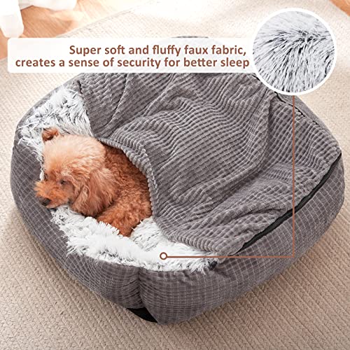 MIXJOY Dog Beds for Large Medium Small Dogs, Rectangle Cave Hooded Blanket Puppy Bed, Luxury Anti-Anxiety Orthopedic Cat Beds for Indoor Cats, Warmth and Machine Washable (20 inches, Grey)