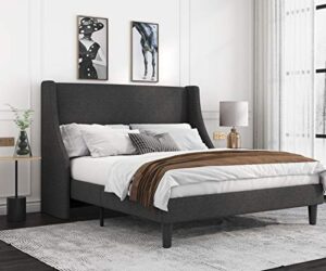 allewie queen bed frame, platform bed frame queen size with upholstered headboard, modern deluxe wingback, wood slat support, mattress foundation, dark grey