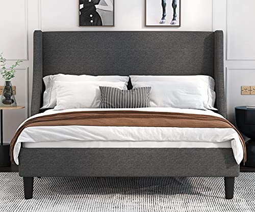 Allewie Queen Bed Frame, Platform Bed Frame Queen Size with Upholstered Headboard, Modern Deluxe Wingback, Wood Slat Support, Mattress Foundation, Dark Grey