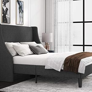 Allewie Queen Bed Frame, Platform Bed Frame Queen Size with Upholstered Headboard, Modern Deluxe Wingback, Wood Slat Support, Mattress Foundation, Dark Grey