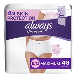 always discreet, incontinence & postpartum underwear for women, for sensitive skin, size s/m, maximum plus absorbency, fragrance-free, disposable, 48 count
