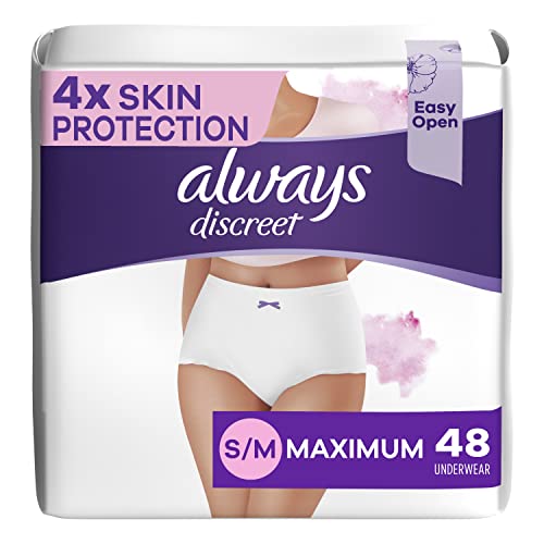 Always Discreet, Incontinence & Postpartum Underwear for Women, for Sensitive Skin, Size S/M, Maximum Plus Absorbency, Fragrance-Free, Disposable, 48 Count