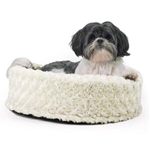 furhaven pet bed for cats and small dogs – ultra plush curly fur mini oval cuddler cat bed with removable washable cover and pillow cushion, cream, 18-inch round