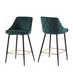 nordicana velvet button tufted barstools set of 2, 27 inch upholstered kitchen island counter dining chair soft upholstered high stools with mid backrest and footrest, dark green