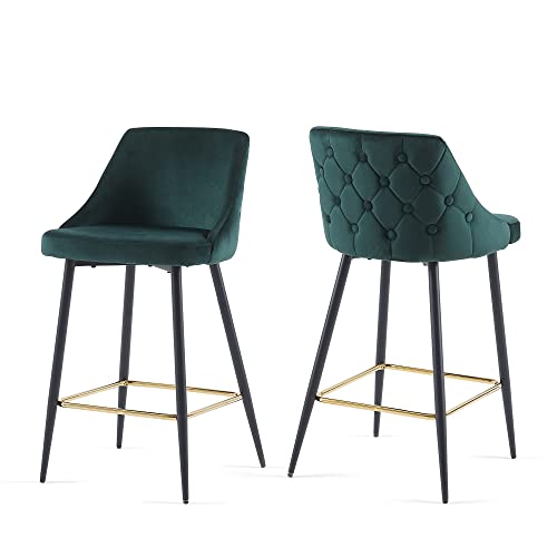 NORDICANA Velvet Button Tufted Barstools Set of 2, 27 inch Upholstered Kitchen Island Counter Dining Chair Soft Upholstered High Stools with Mid Backrest and Footrest, Dark Green