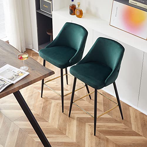 NORDICANA Velvet Button Tufted Barstools Set of 2, 27 inch Upholstered Kitchen Island Counter Dining Chair Soft Upholstered High Stools with Mid Backrest and Footrest, Dark Green