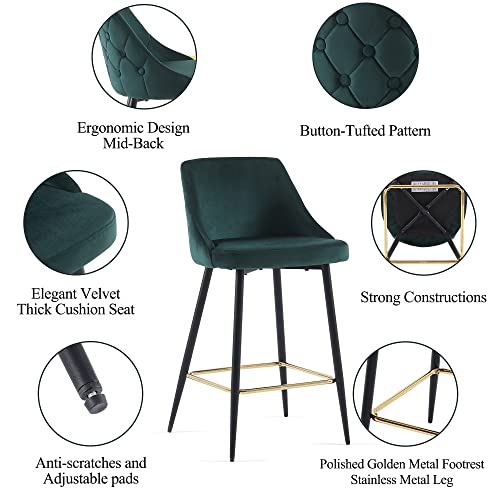 NORDICANA Velvet Button Tufted Barstools Set of 2, 27 inch Upholstered Kitchen Island Counter Dining Chair Soft Upholstered High Stools with Mid Backrest and Footrest, Dark Green