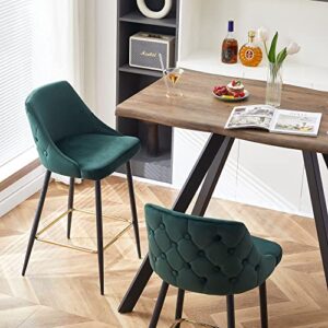 NORDICANA Velvet Button Tufted Barstools Set of 2, 27 inch Upholstered Kitchen Island Counter Dining Chair Soft Upholstered High Stools with Mid Backrest and Footrest, Dark Green