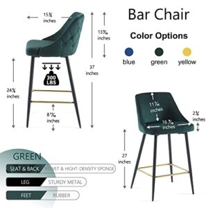 NORDICANA Velvet Button Tufted Barstools Set of 2, 27 inch Upholstered Kitchen Island Counter Dining Chair Soft Upholstered High Stools with Mid Backrest and Footrest, Dark Green